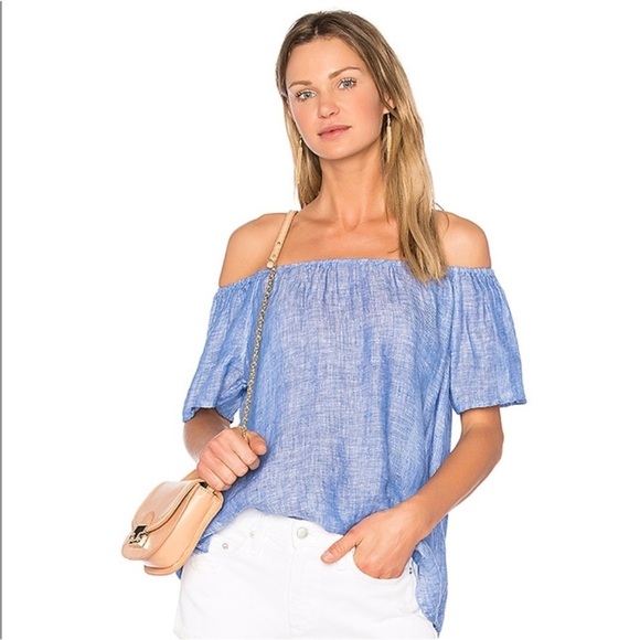 Joie Blue Linen Chambray Off The Shoulder Babydoll Flutter Top - Picture 1 of 9